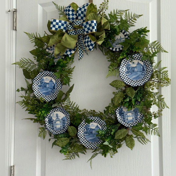 New MacKenzie-Childs Fern Royal Blue Check Toile Plate Door Wreath Rare Style - Picture 3 of 5